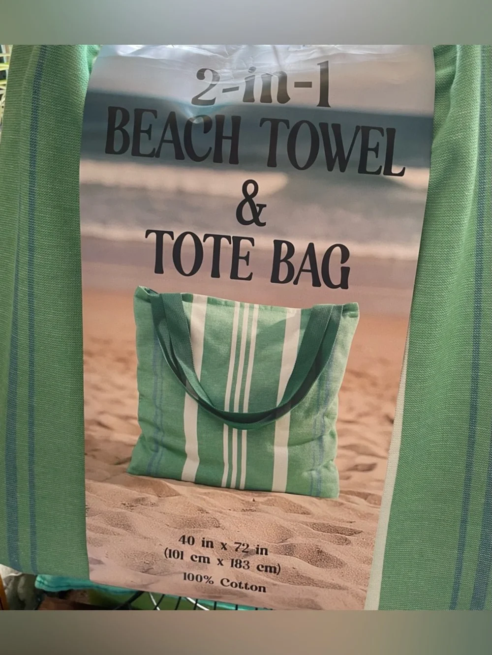 2-in-1 Beach Towel & Tote Bag - Striped Green and Pink Options